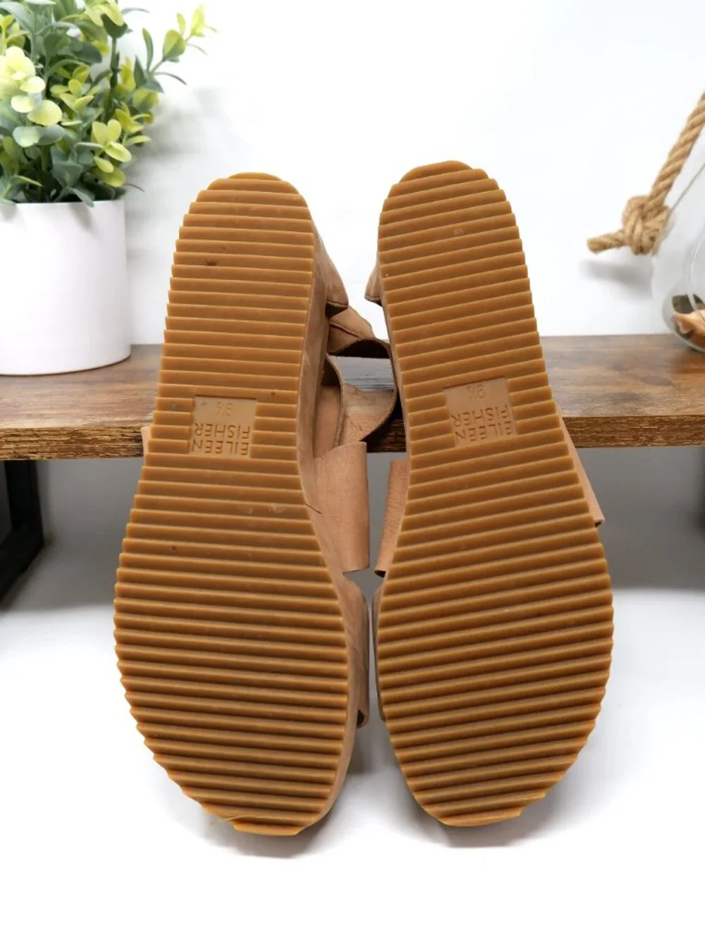 Eileen Fisher Elon Tan Leather Platform Crisscross Wedge Sandal Size‎ 9.5
